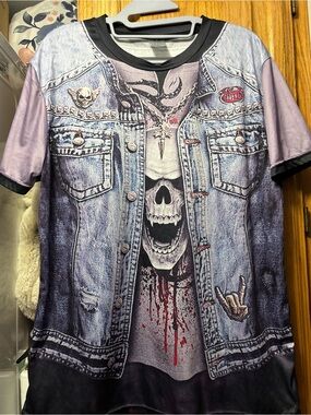 Men's Short Sleeve Graphic Skull Tee - Blue Denim-look Print